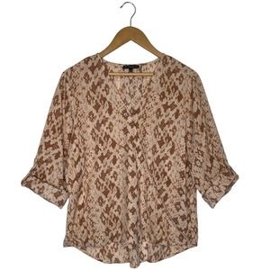 Adrianna Papell Top Womens L Snake Skin Faux Wrap Roll Tab Sleeve High Low Tan